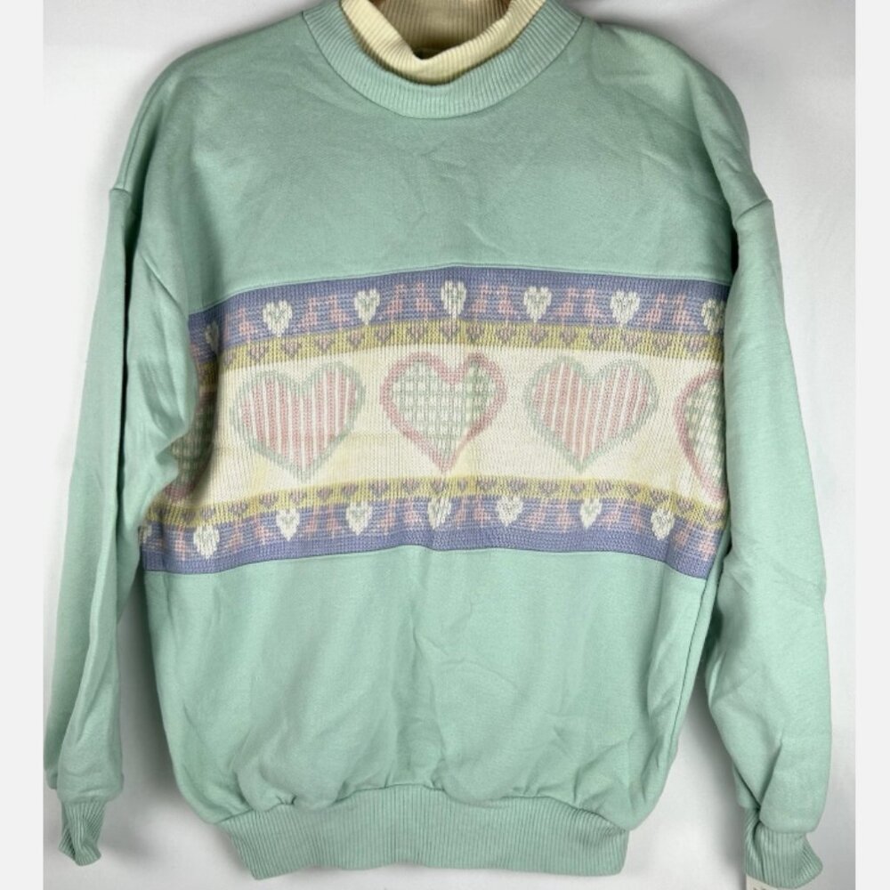 NWT Vtg Simply Basic Green Cross Stitch Heart Sweatshirt Sz M Granny Core USA